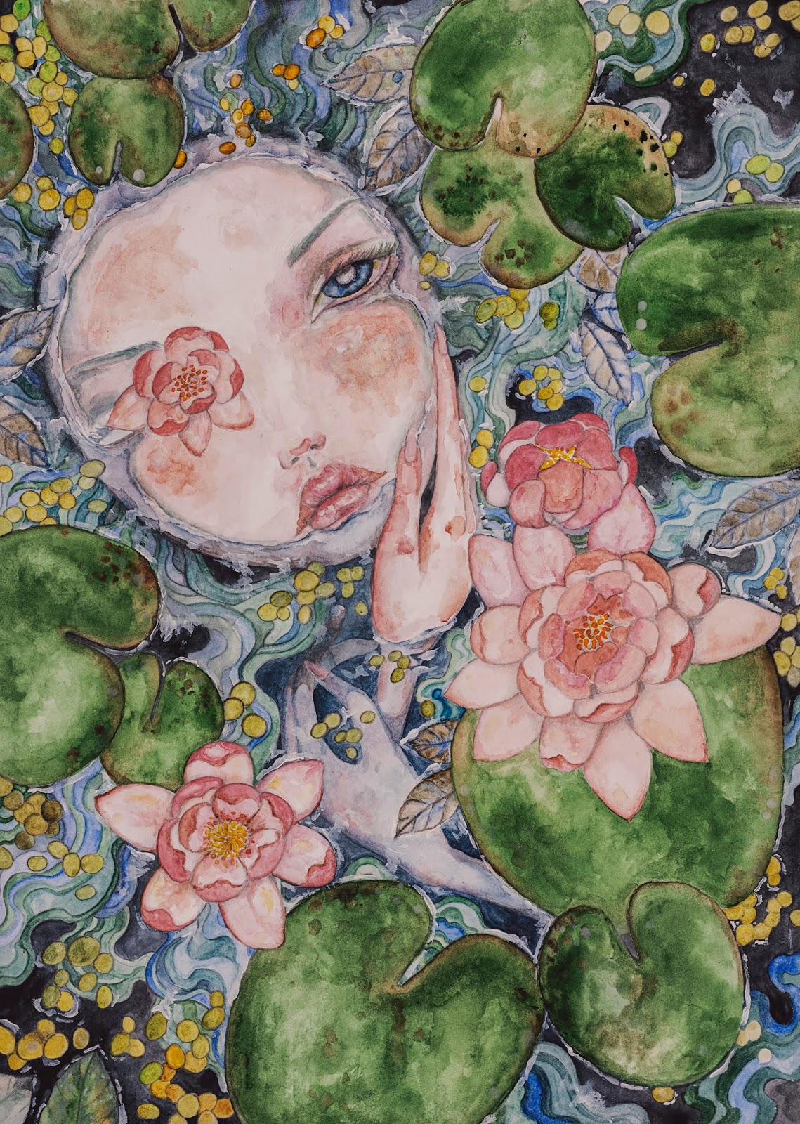 Ilustración acuarela plana con paleta teal y verde: rostro sereno entre nenúfares rosados y hojas, atmósfera mística y tranquila